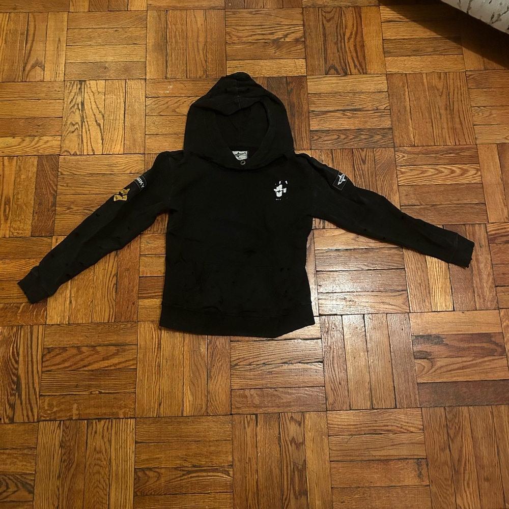 Black shark hoodie WITH HOLES bought like that for design and patches